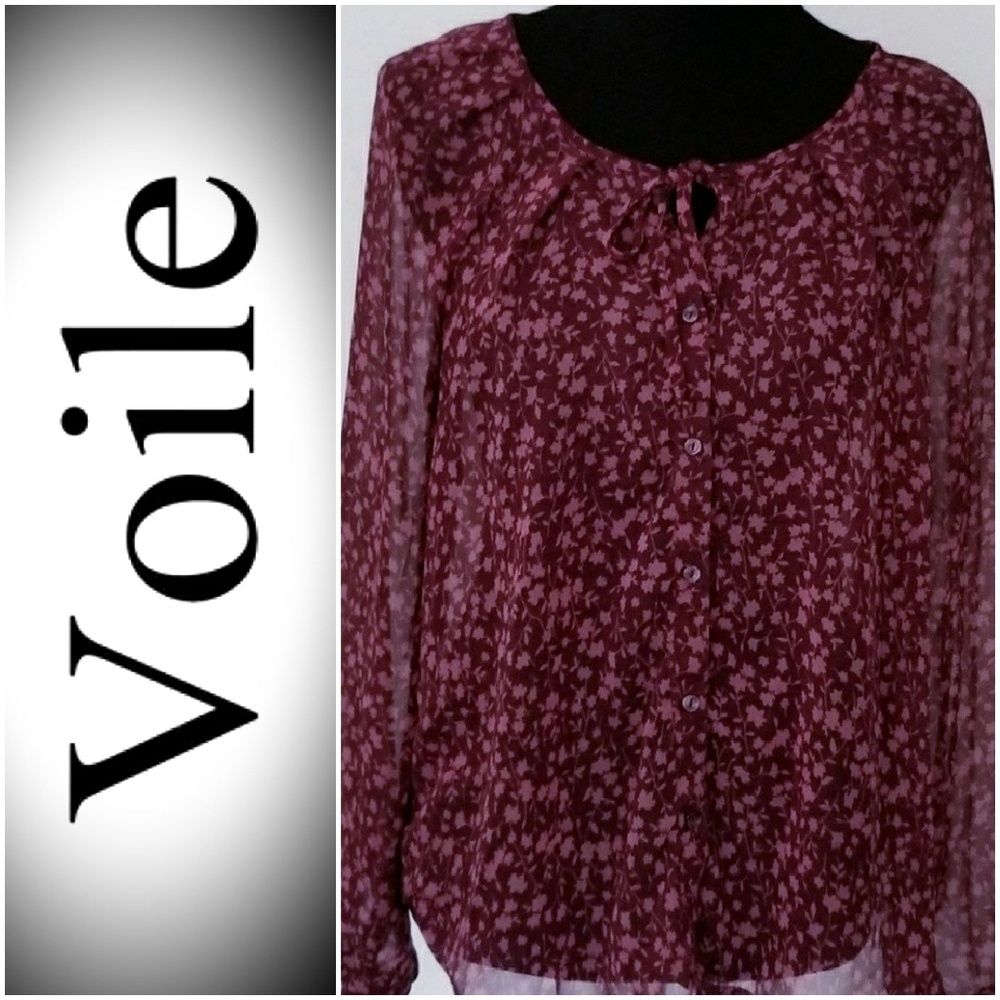 Floral Voile Burgundy & Pink Print Lightweight Top